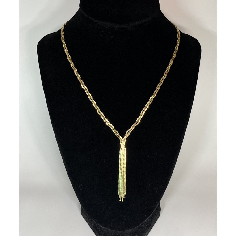 VTG JF 14K GF Gold Filled Braided Chain Y Drop Tassel Necklace Woven Linear 16"